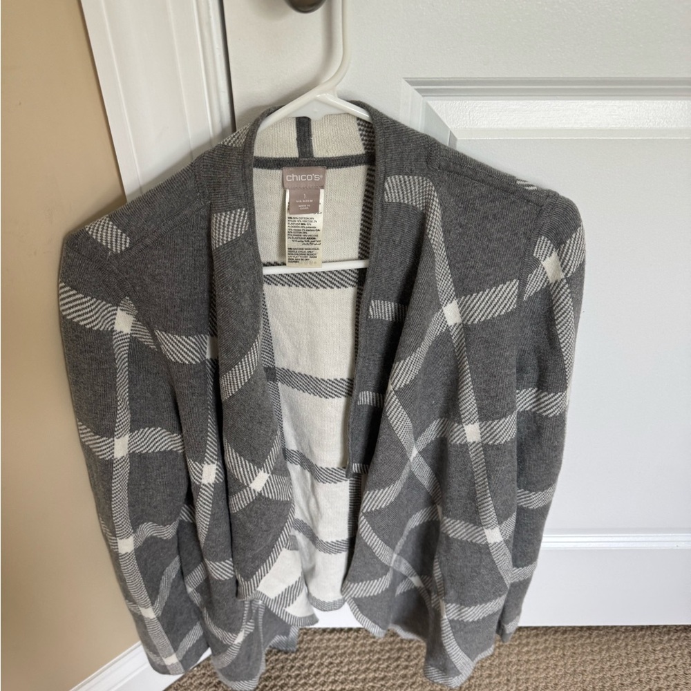 Chico's Gray and White Plaid Cardigan